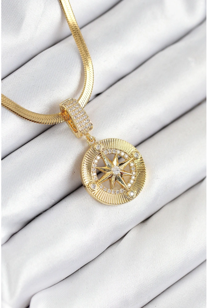 Shoecide 316l Çelik Zirkon Taşlı Pusula Model Gold Renk Kadın Kolye