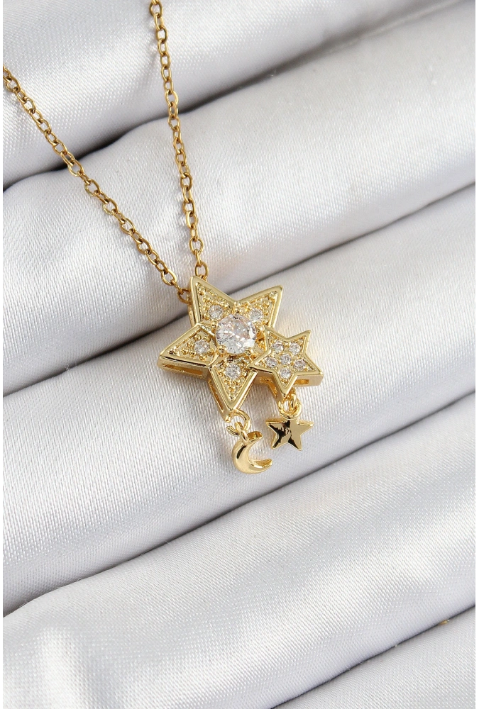 Shoecide 316l Çelik Zirkon Taşlı Sallantılı Yıldız Model Gold Renk Kadın Kolye