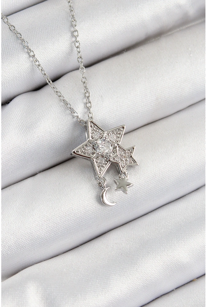 Shoecide 316l Çelik Zirkon Taşlı Sallantılı Yıldız Model Gümüş Renk Kadın Kolye