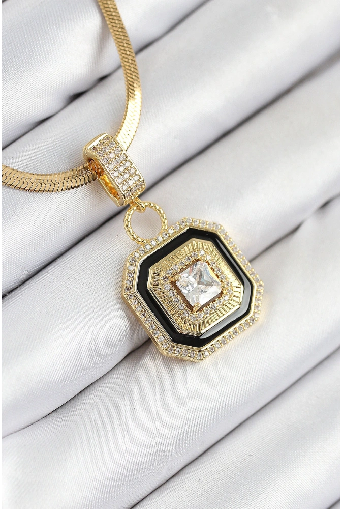 Shoecide 316l Çelik Zirkon Taşlı Siyah Detaylı Baget Model Gold Renk Kadın Kolye