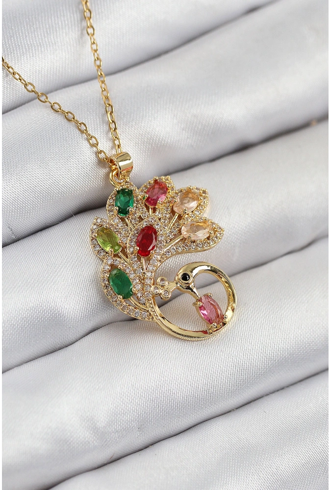 Shoecide 316l Çelik Zirkon Taşlı Tavus Kuşu Model Gold Renk Kadın Kolye