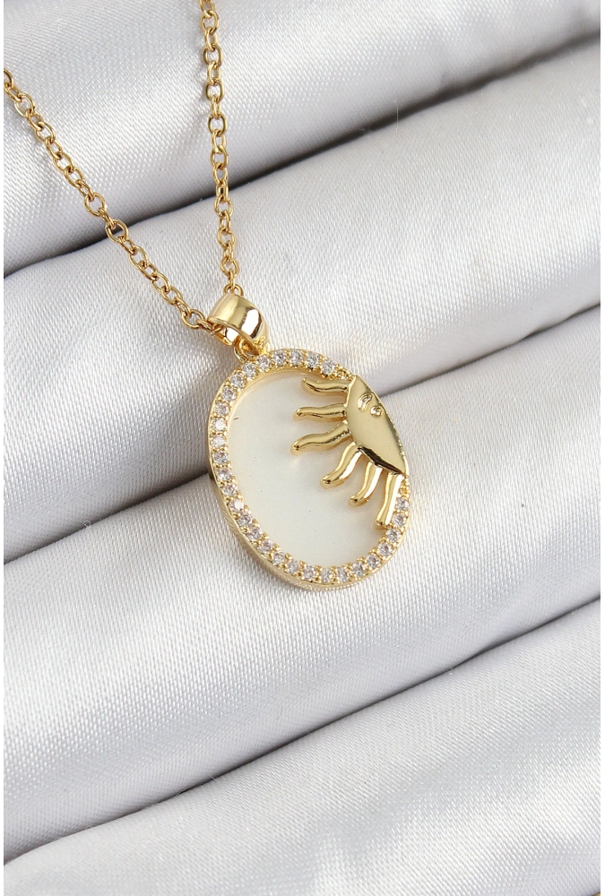 Shoecide 316l Çelik Zirkon Taşlı Yarım Güneş Model Gold Renk Kadın Kolye