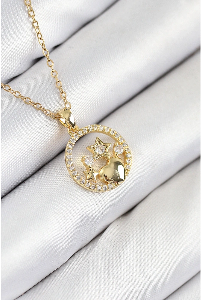 Shoecide 316l Çelik Zirkon Taşlı Yıldız Ve Kalp Model Gold Renk Kadın Kolye