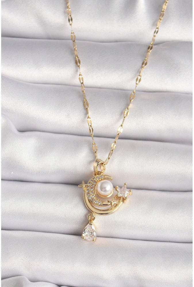 Shoecide 316l Gold Renk Zirkon Taşlı Ay Yıldız Model Sallantı Detay Kadın Kolye