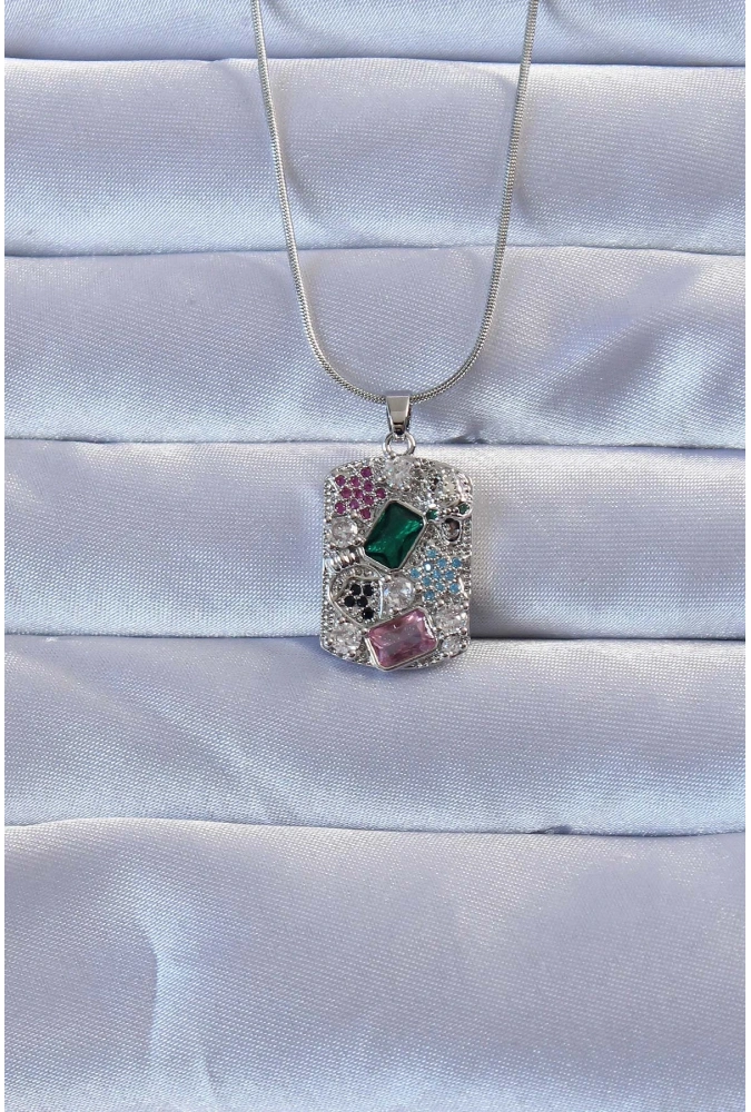 Shoecide 316l Gümüş Renk Çok Renkli Zirkon Taşlı Vintage Kolye