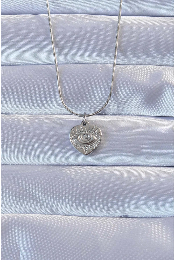 Shoecide 316l Gümüş Renk Zirkon Taşlı İşlemeli Göz Detay Kalp Kolye