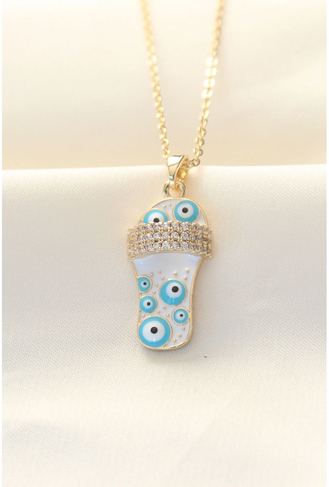 Shoecide 316l Zinciri Çelik Zirkon Taşlı Gold Renk Nazar Boncuklu Terlik Kolye