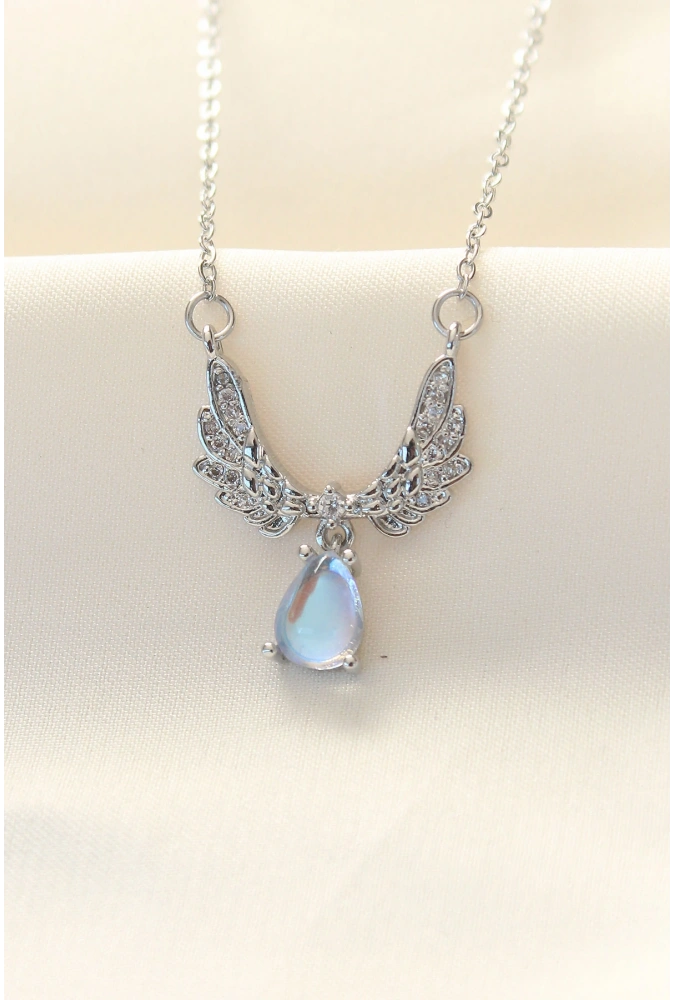 Shoecide 316l Zinciri Çelik Zirkon Taşlı Gümüş Renk Kanatlı Damla Kolye