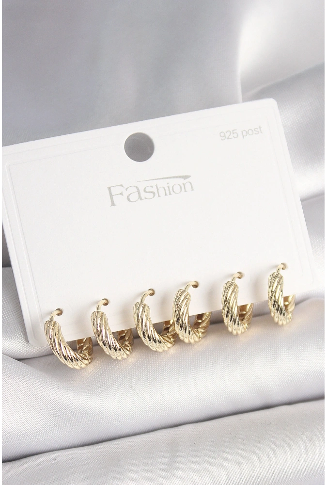 Shoecide 925 Ayar Gümüş Çivi Pirinç Gold Renk İşlemeli Halka Model Kadın Küpe Seti