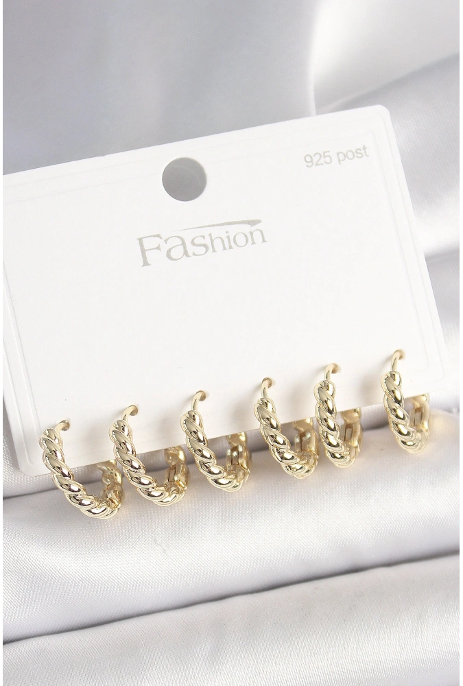 Shoecide 925 Ayar Gümüş Çivi Pirinç Gold Renk Sarmal Halka Model Kadın Küpe Seti