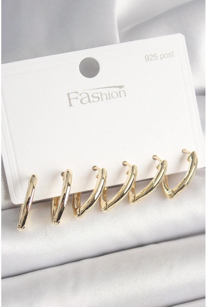 Shoecide 925 Ayar Gümüş Çivi Pirinç Gold Renk Üçgen Model Kadın Küpe Seti