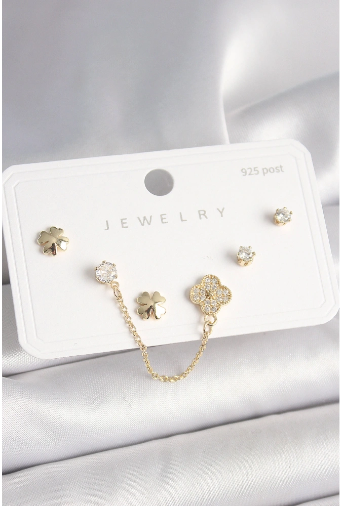 Shoecide 925 Ayar Gümüş Çivi Pirinç Gold Renk Zirkon Taşlı Yonca Model Sallantı Zincir Detay Kadın Küpe Seti