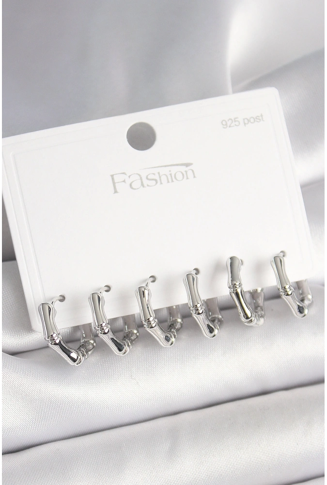 Shoecide 925 Ayar Gümüş Çivi Pirinç Gümüş Renk Bambu Halka Model Kadın Küpe Seti