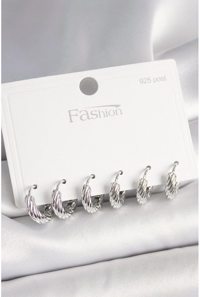 Shoecide 925 Ayar Gümüş Çivi Pirinç Gümüş Renk İşlemeli Halka Model Kadın Küpe Seti