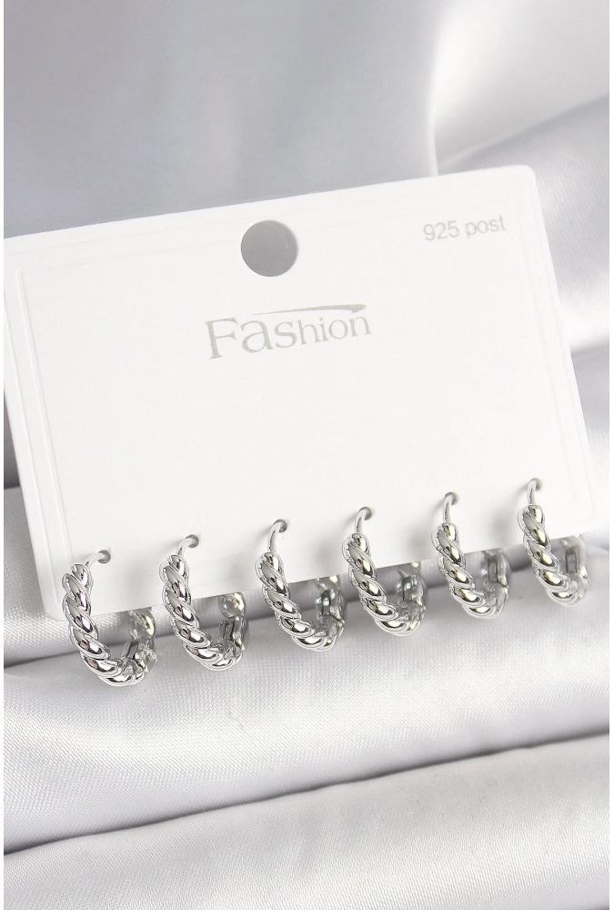 Shoecide 925 Ayar Gümüş Çivi Pirinç Gümüş Renk Sarmal Halka Model Kadın Küpe Seti