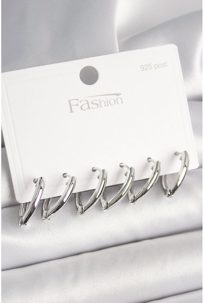 Shoecide 925 Ayar Gümüş Çivi Pirinç Gümüş Renk Üçgen Model Kadın Küpe Seti