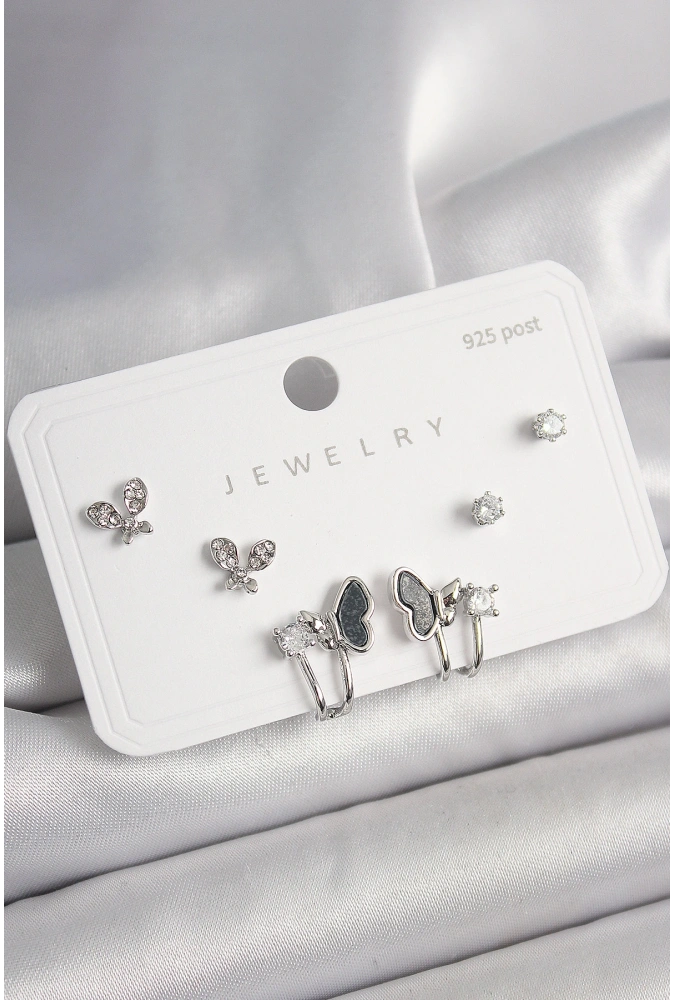 Shoecide 925 Ayar Gümüş Çivi Pirinç Gümüş Renk Zirkon Taşlı Kelebek Model Kadın Küpe Seti