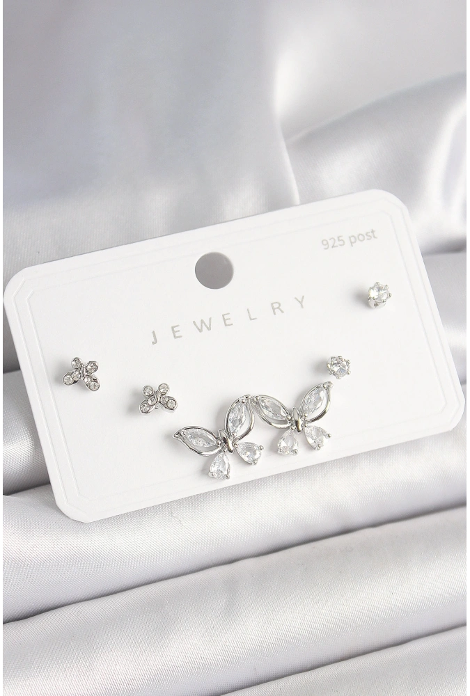 Shoecide 925 Ayar Gümüş Çivi Pirinç Gümüş Renk Zirkon Taşlı Kelebek Model Kadın Küpe Seti