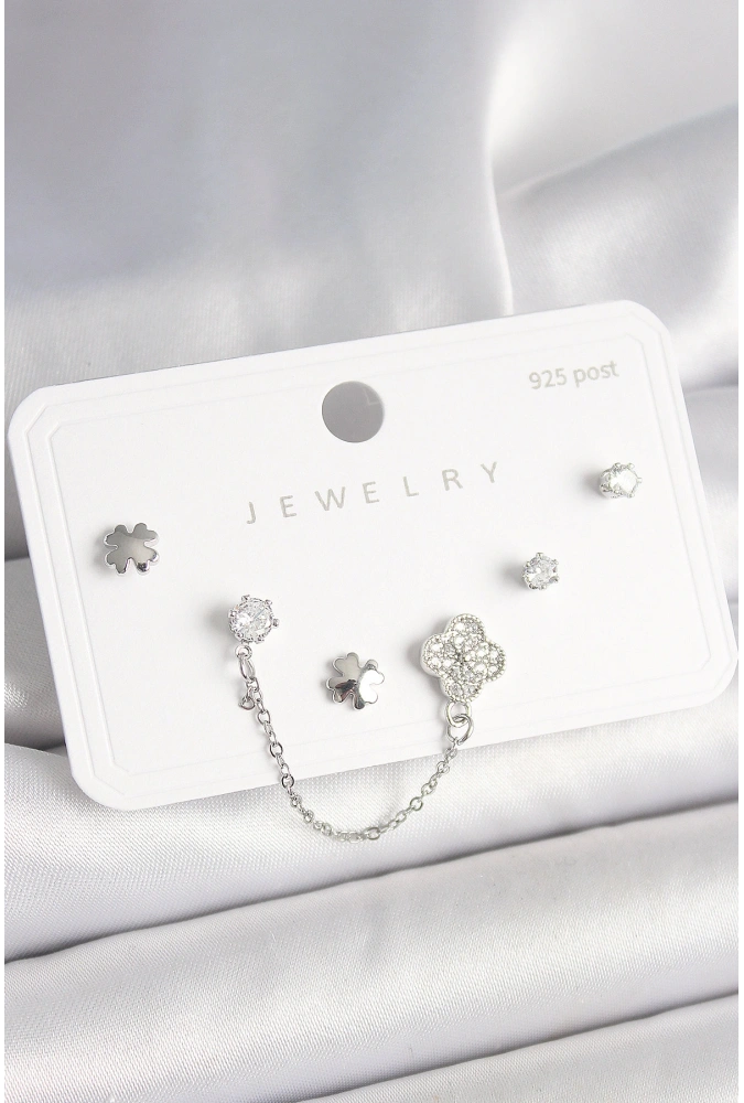 Shoecide 925 Ayar Gümüş Çivi Pirinç Gümüş Renk Zirkon Taşlı Yonca Model Sallantı Zincir Detay Kadın Küpe Seti