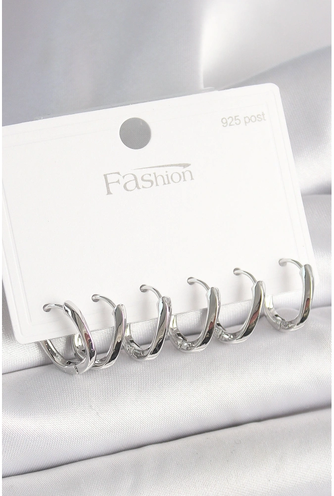 Shoecide 925 Ayar Gümüş Çivi Pirinç Oval Halka Model Kadın Küpe Seti