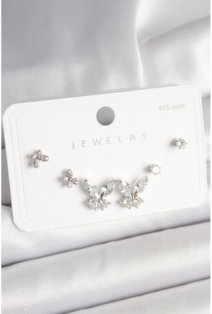 Shoecide 925 Ayar Gümüş Çivi Pirinç Zirkon Taşlı Kelebek Model Kadın Küpe Seti