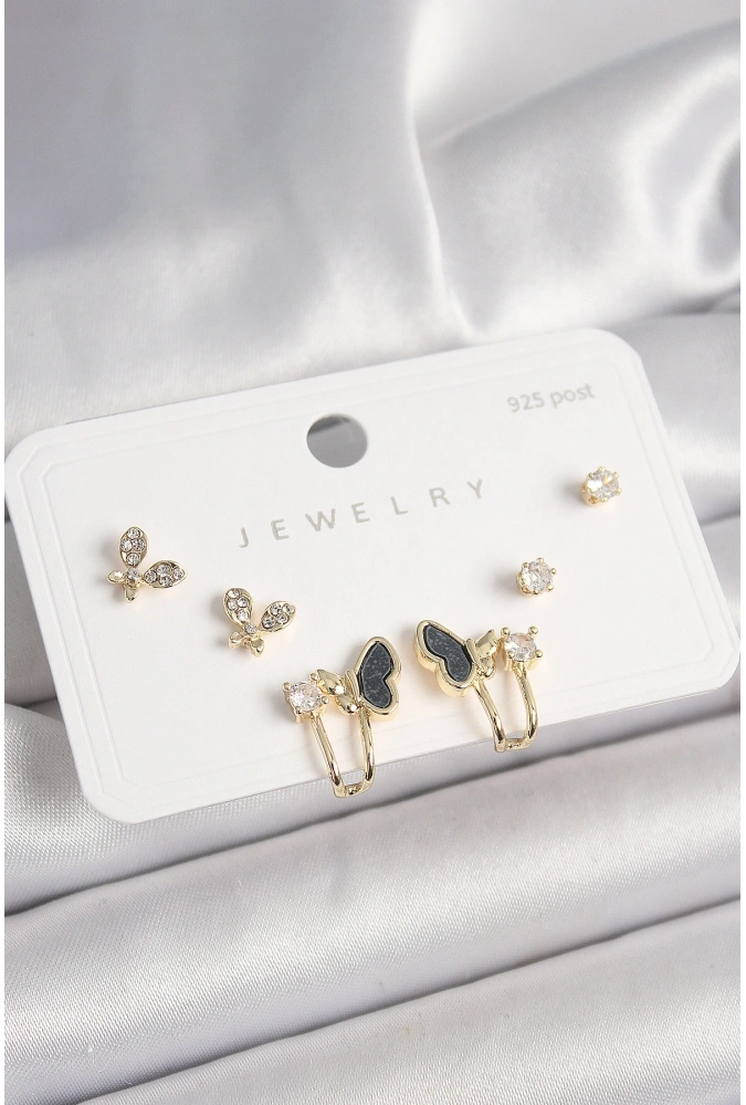 Shoecide 925 Ayar Gümüş Çivi Pirinç Zirkon Taşlı Kelebek Model Kadın Küpe Seti