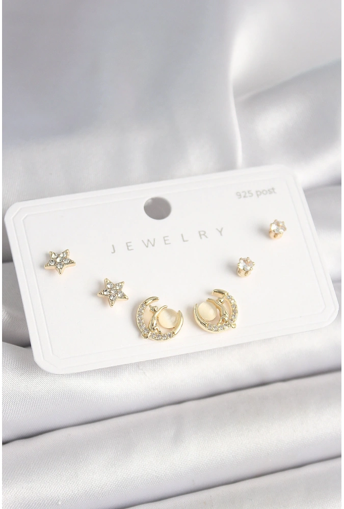 Shoecide 925 Ayar Gümüş Çivi Zirkon Taşlı Hilal Yıldız Model Kadın Küpe Seti