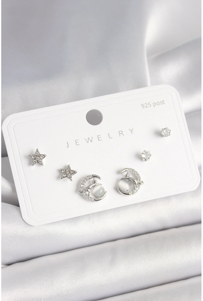 Shoecide 925 Ayar Gümüş Çivi Zirkon Taşlı Hilal Yıldız Model Kadın Küpe Seti