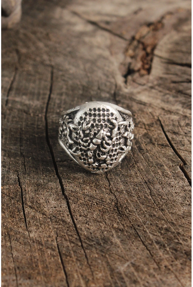 Shoecide Antik Gümüş Renk Akrep İşleme Ayarlanabilir Erkek Yüzük