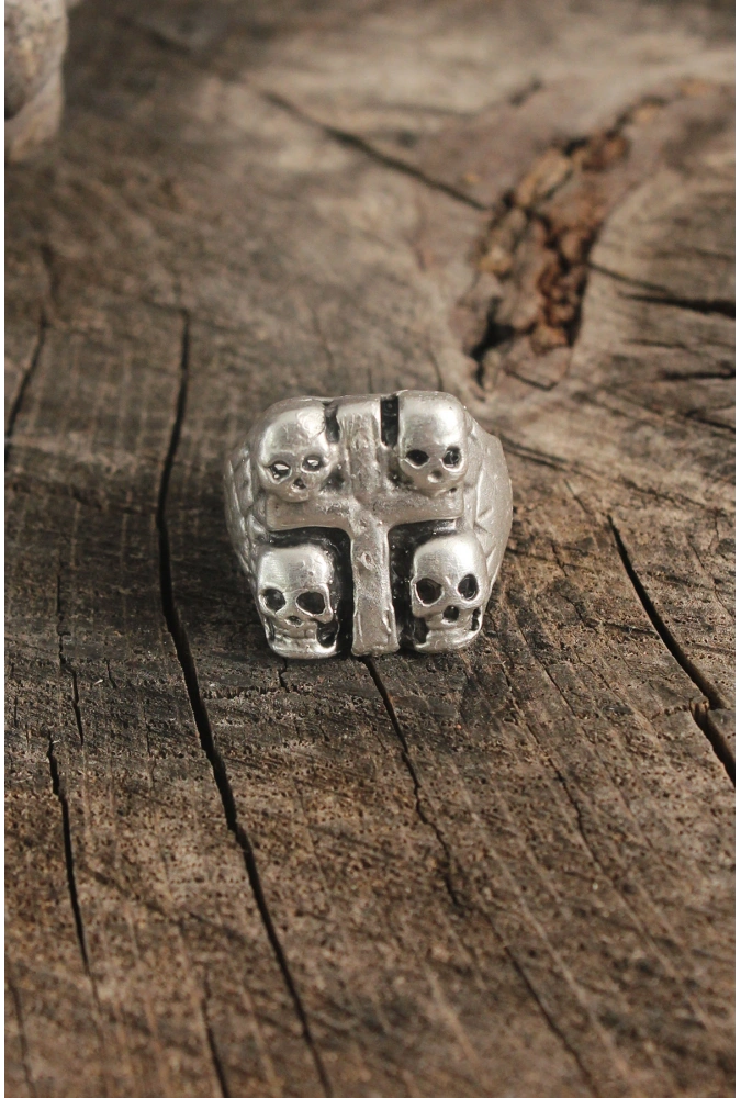 Shoecide Antik Gümüş Renk Haç Kuru Kafa İşleme Ayarlanabilir Erkek Yüzük