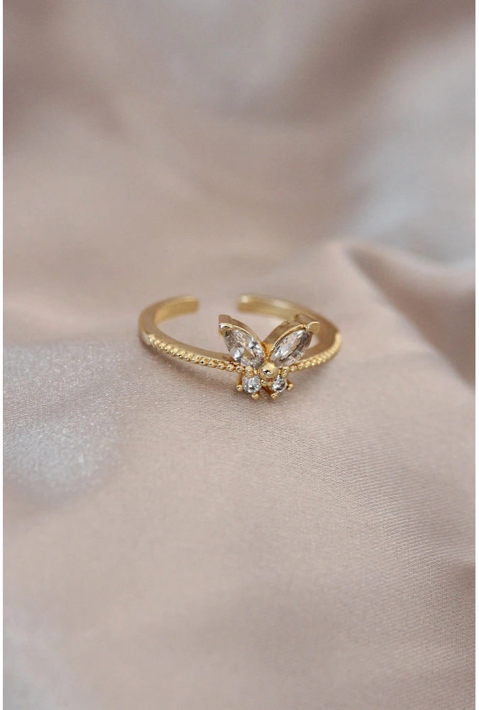 Shoecide Ayarlamalı Altın Renk Metal Zirkon Taş Ve Kristal Taşlı Kelebek Model Yüzük