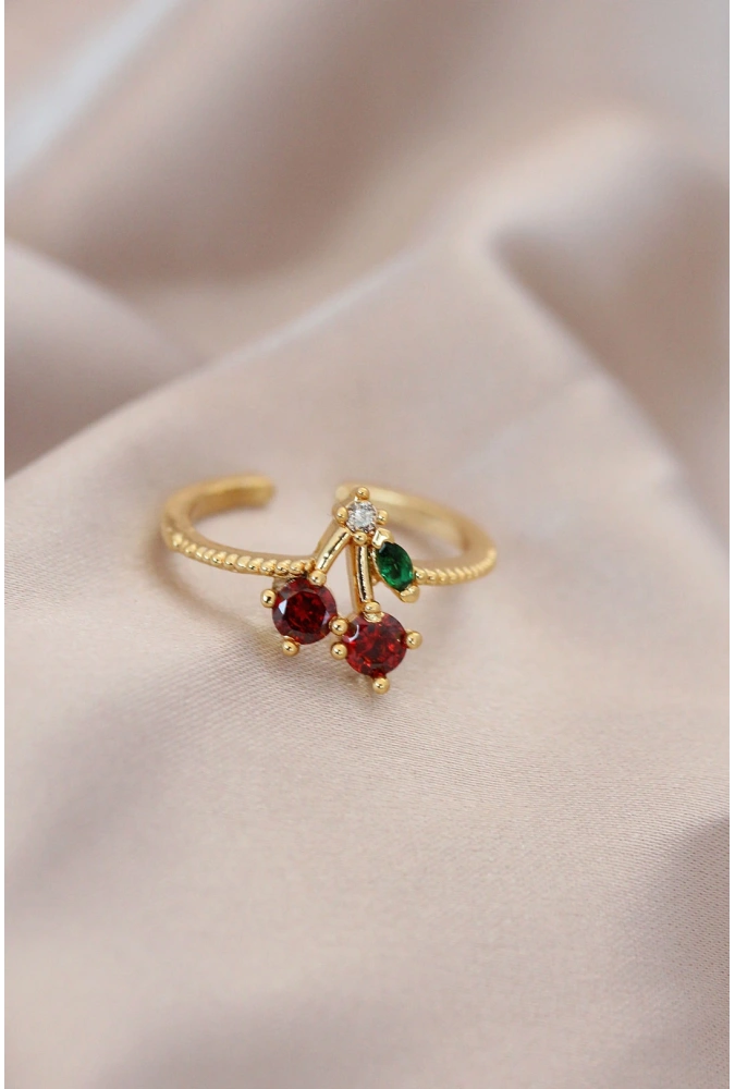Shoecide Ayarlamalı Gold Renk Metal Renkli Zirkon Taşlı Kiraz Yüzük