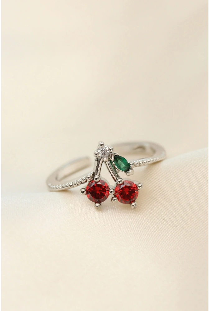 Shoecide Ayarlamalı Gümüş Renk Kristal Taşlı Kiraz Yüzük