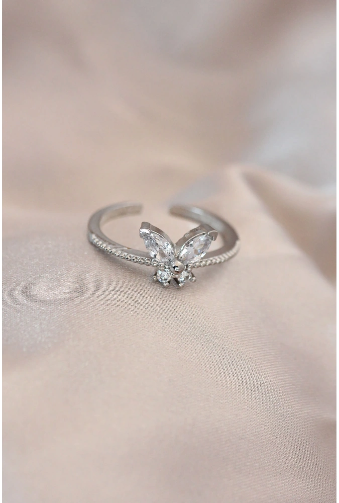 Shoecide Ayarlamalı Gümüş Renk Metal Zirkon Taş Ve Kristal Taşlı Kelebek Model Yüzük
