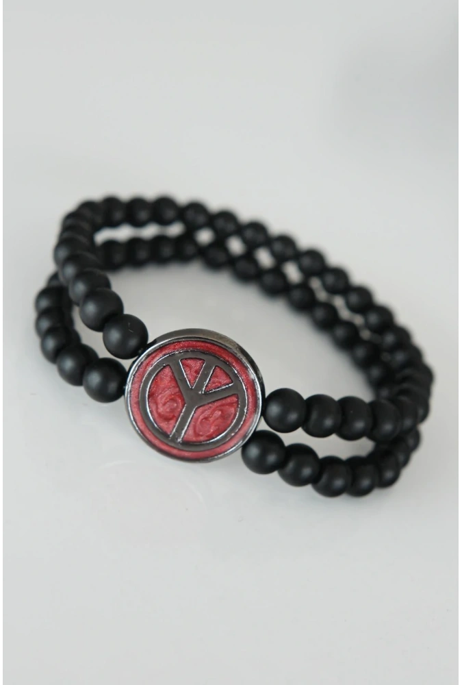 Shoecide Barış Figürlü Bordo Renk Füme Metal Aksesuarlı Çift Sıra Oniks Doğal Taş Erkek Bileklik