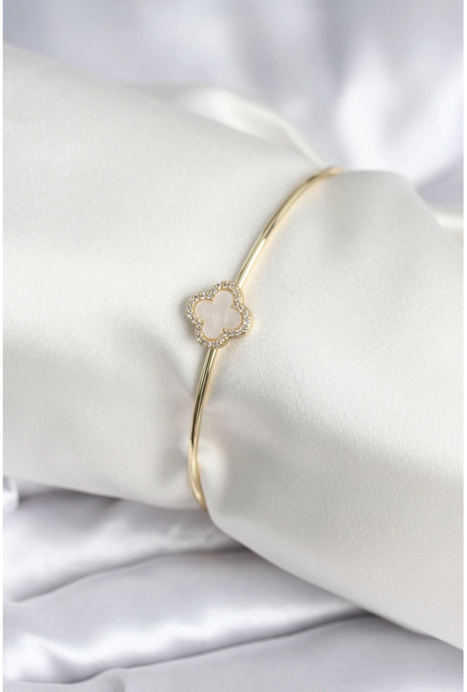 Shoecide Beyaz Sedefli Yonca Model Gold Renk Kadın Bileklik