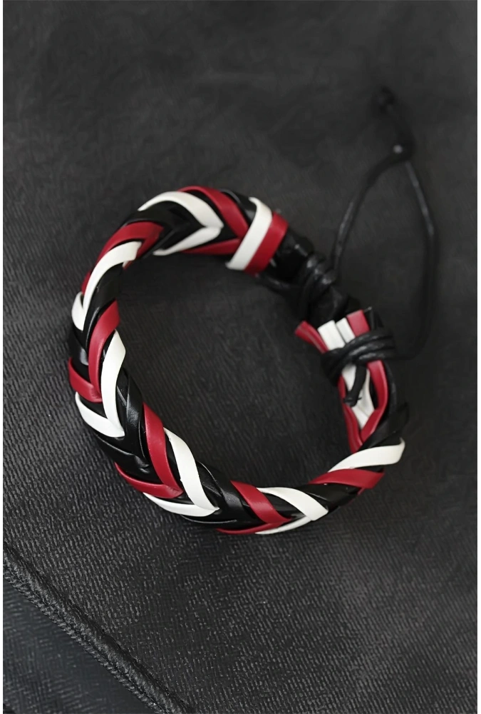 Shoecide Bordo Beyaz Siyah Örgü Deri Erkek Bileklik