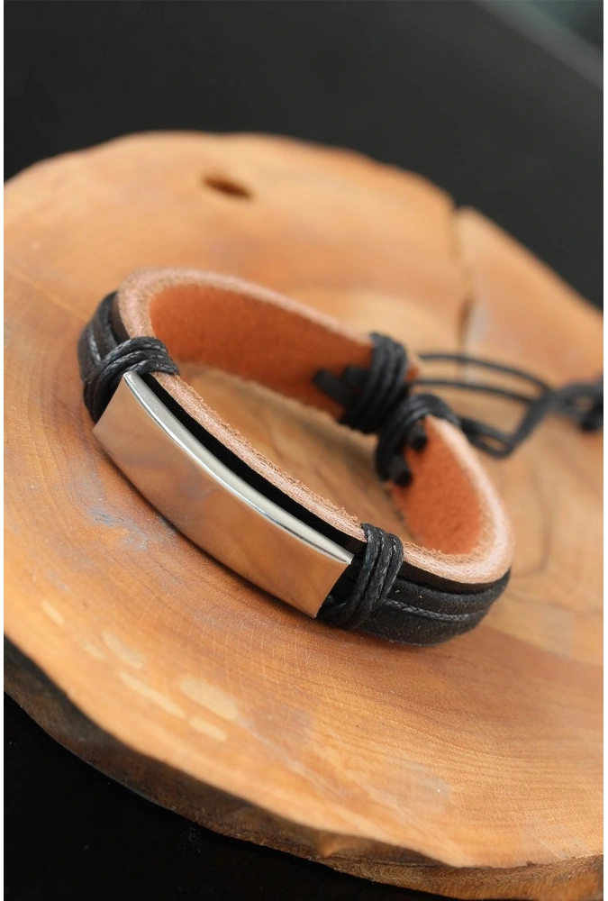 Shoecide Çelik Aksesuarlı Siyah Renk Deri Erkek Bileklik