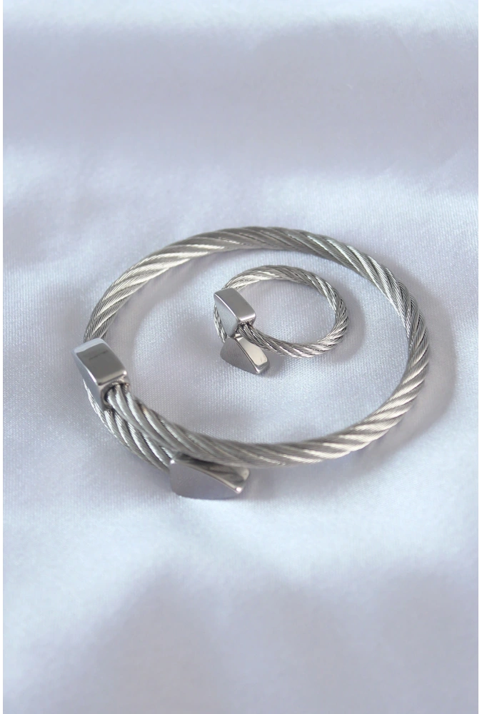 Shoecide Çelik Gümüş Renk Burgu Model Erkek Bileklik Yüzük Seti