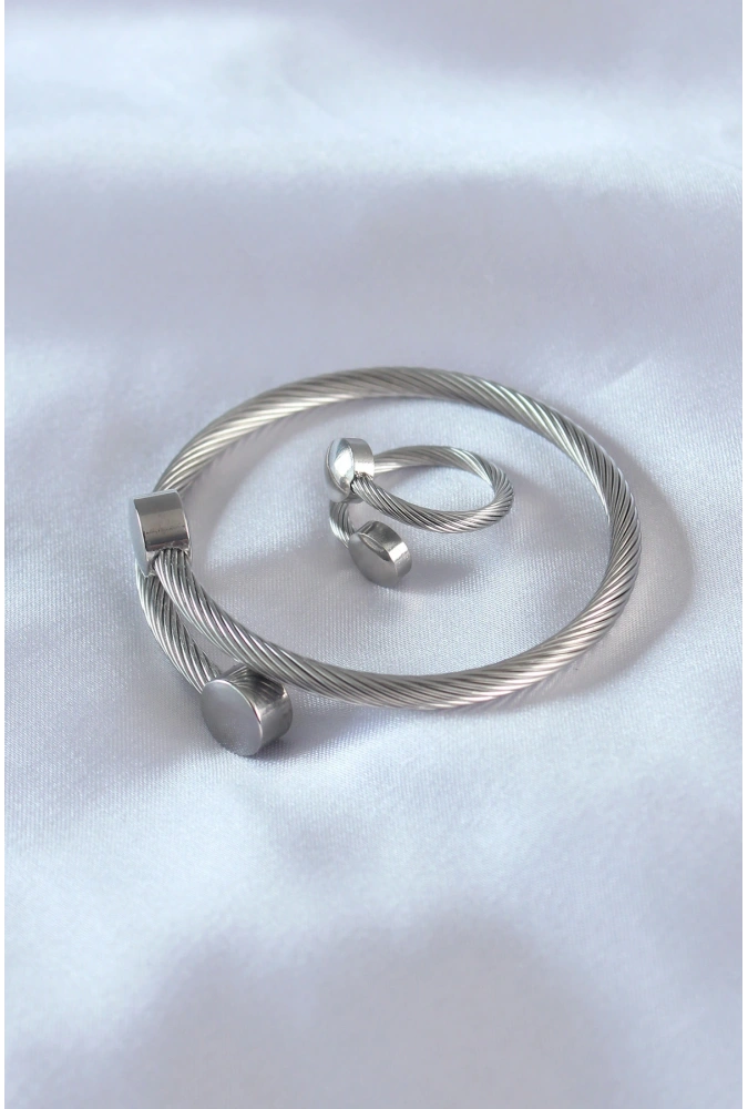 Shoecide Çelik Gümüş Renk Sıkı Burgu Model Erkek Bileklik Yüzük Seti