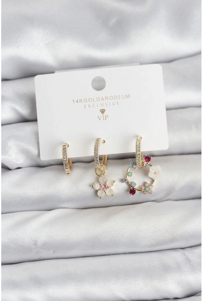 Shoecide Çiçek Model Gold Renk Pirinç 3lü Kadın Küpe Seti