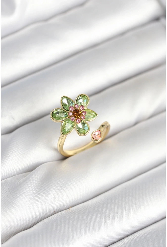 Shoecide Çiçek Model Yeşil Pirinç Gold Renk Yüzük