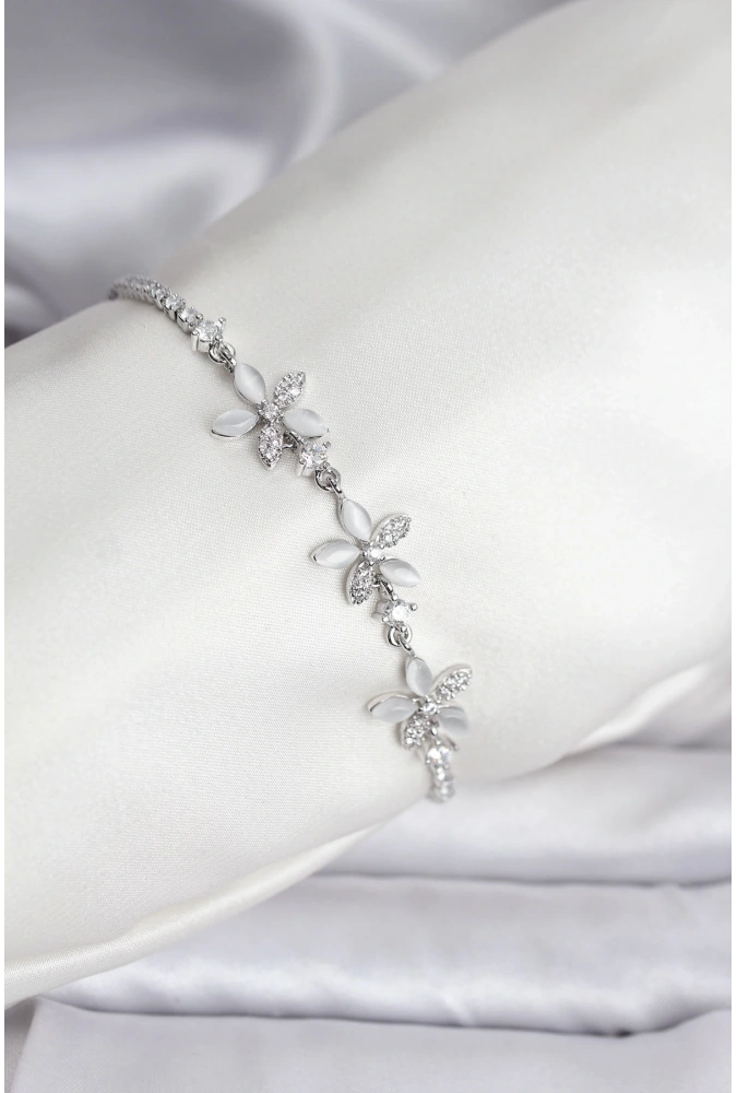 Shoecide Çiçek Model Zirkon Taşlı Gümüş Renk Pirinç Su Yolu Kadın Bileklik