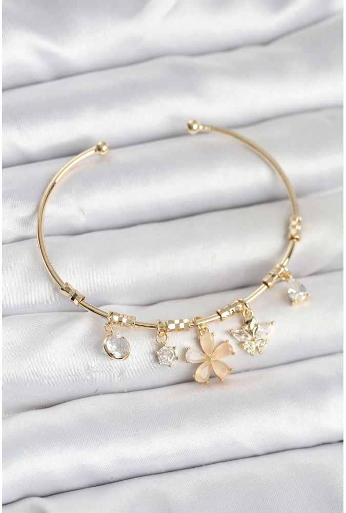 Shoecide Çiçek Ve Kelebek Charmlı Gold Renk Pirinç Kadın Bileklik