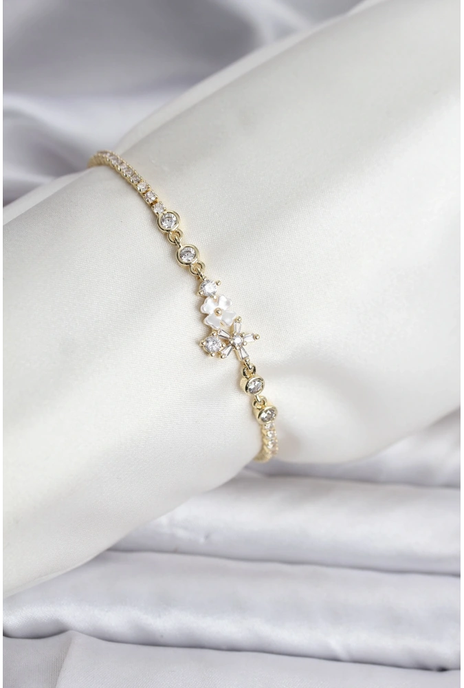 Shoecide Çiçekli Model Zirkon Taşlı Gold Renk Su Yolu Kadın Bileklik