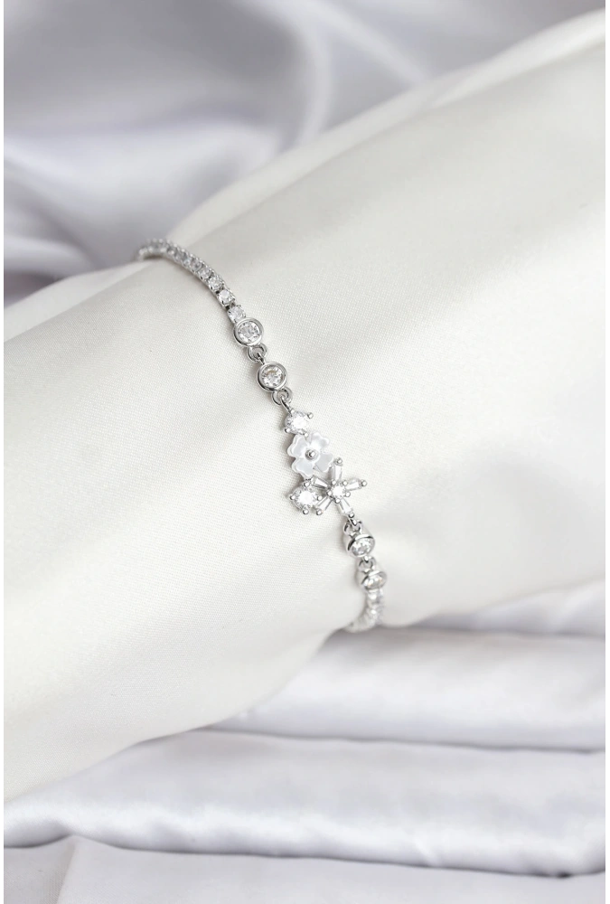 Shoecide Çiçekli Model Zirkon Taşlı Gümüş Renk Su Yolu Kadın Bileklik