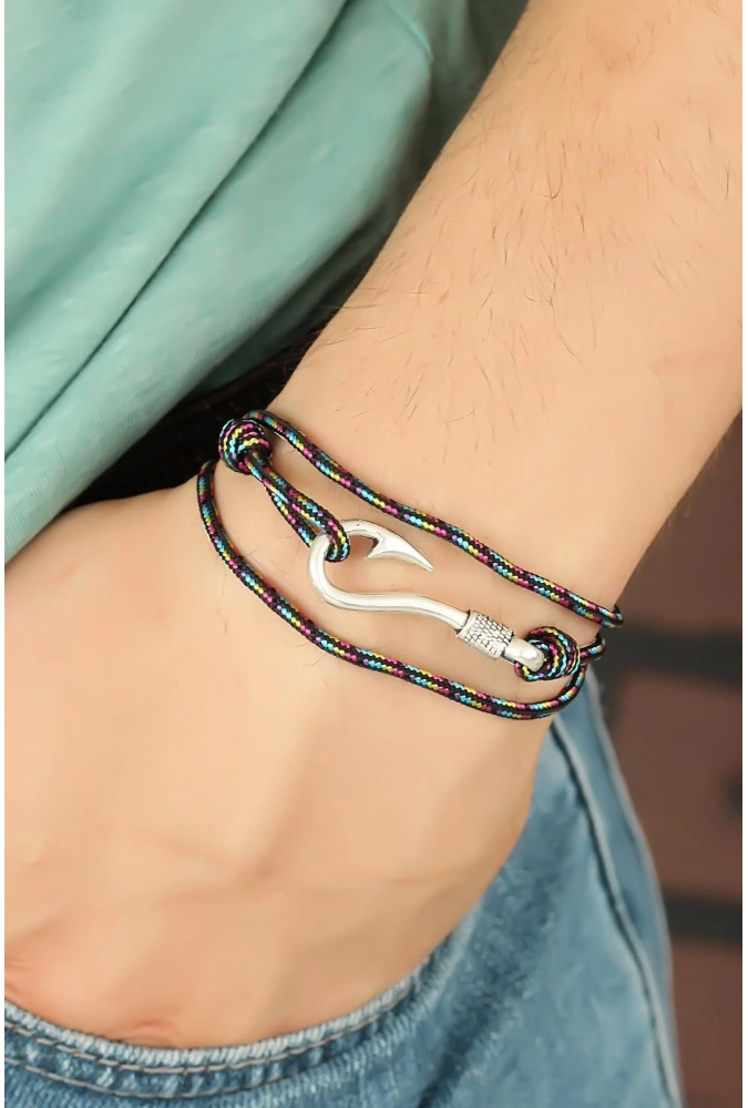 Shoecide Çizgi Desenli Metal Kancalı Erkek Bileklik