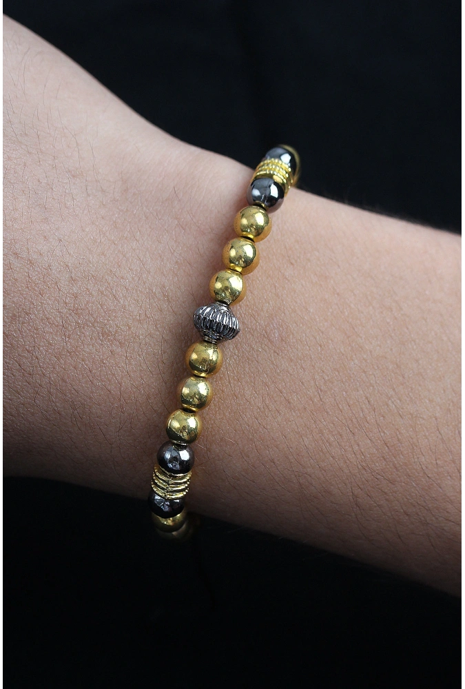 Shoecide Doğal Taş Çember Model Gold Ve Füme Renk Asansörlü Erkek Bileklik