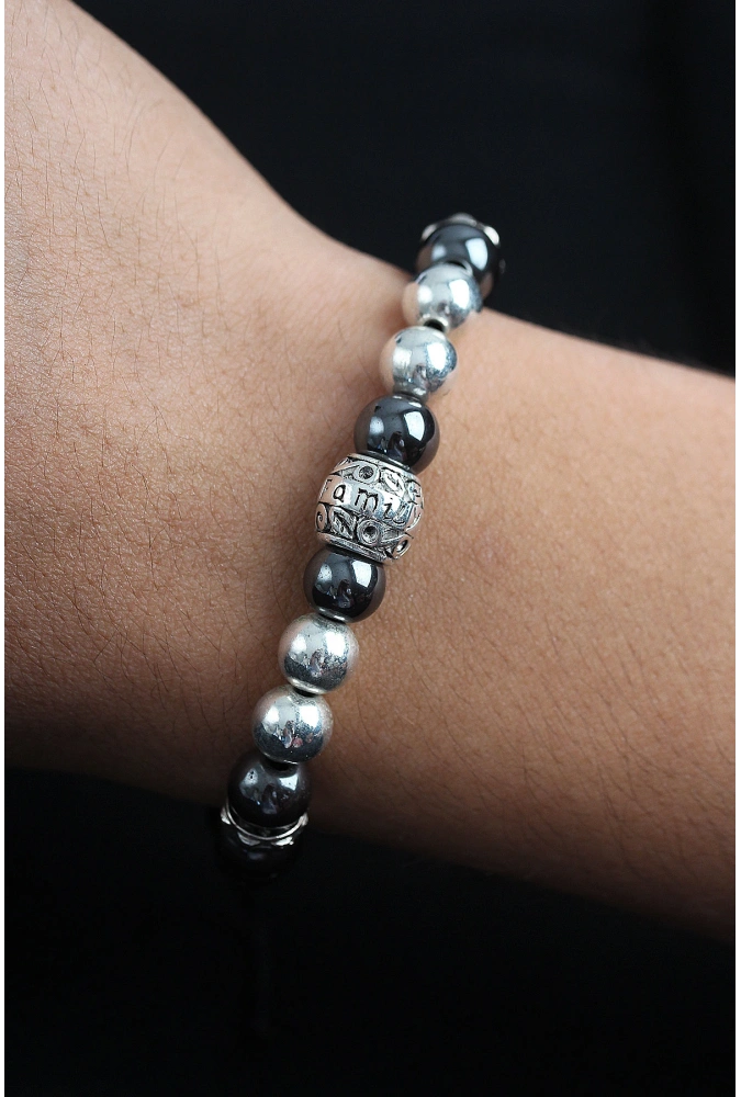 Shoecide Doğal Taş Family Model Gümüş Ve Füme Renk Asansörlü Erkek Bileklik