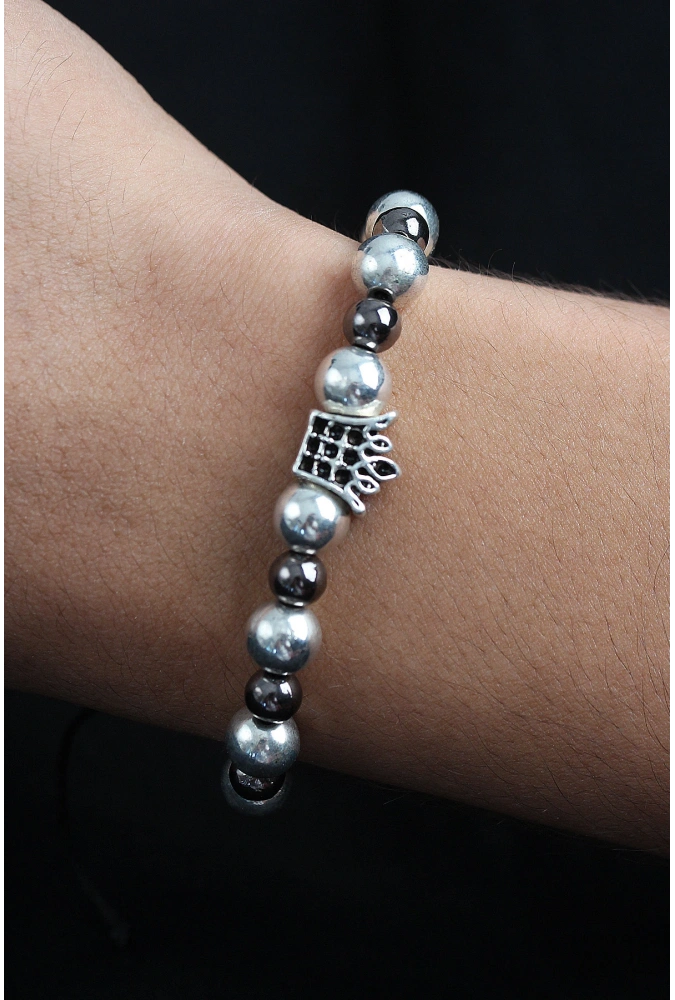 Shoecide Doğal Taş Kral Tacı Model Gümüş Ve Füme Renk Asansörlü Erkek Bileklik